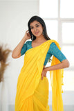 Yellow Khadi Cotton Saree With Sky Printed Blouse