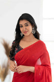 Red Khadi Cotton Saree With Black Printed Blouse