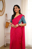 Pink Handloom Cotton Saree With Sky Printed Blouse