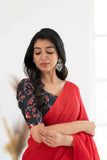 Red Khadi Cotton Saree With Black Printed Blouse