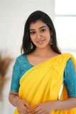 Yellow Khadi Cotton Saree With Sky Printed Blouse