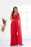 Red Khadi Cotton Saree With Black Printed Blouse