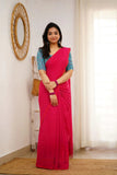 Pink Handloom Cotton Saree With Sky Printed Blouse