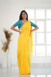 Yellow Khadi Cotton Saree With Sky Printed Blouse