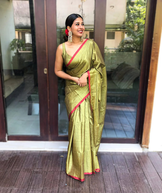 Golden With Red border Raga Tissue Saree