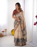 Beige Handloom Cotton Saree with Maroon Blouse and Multicolor Royal Procession Pallu