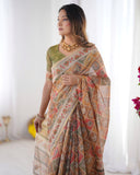 Multicolor Zari Woven Handloom Cotton Saree with Traditional Animal & Floral Motifs and Tassels