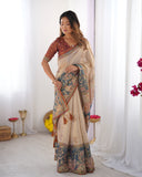 Beige Handloom Cotton Saree with Maroon Blouse and Multicolor Royal Procession Pallu