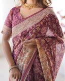 Plum Handloom Cotton Saree with Floral Print, Mythical Border & Tassels