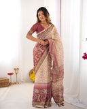 Beige & Mauve Handloom Cotton Saree with Floral Jaal, Peacock Motifs & Storytelling Pallu