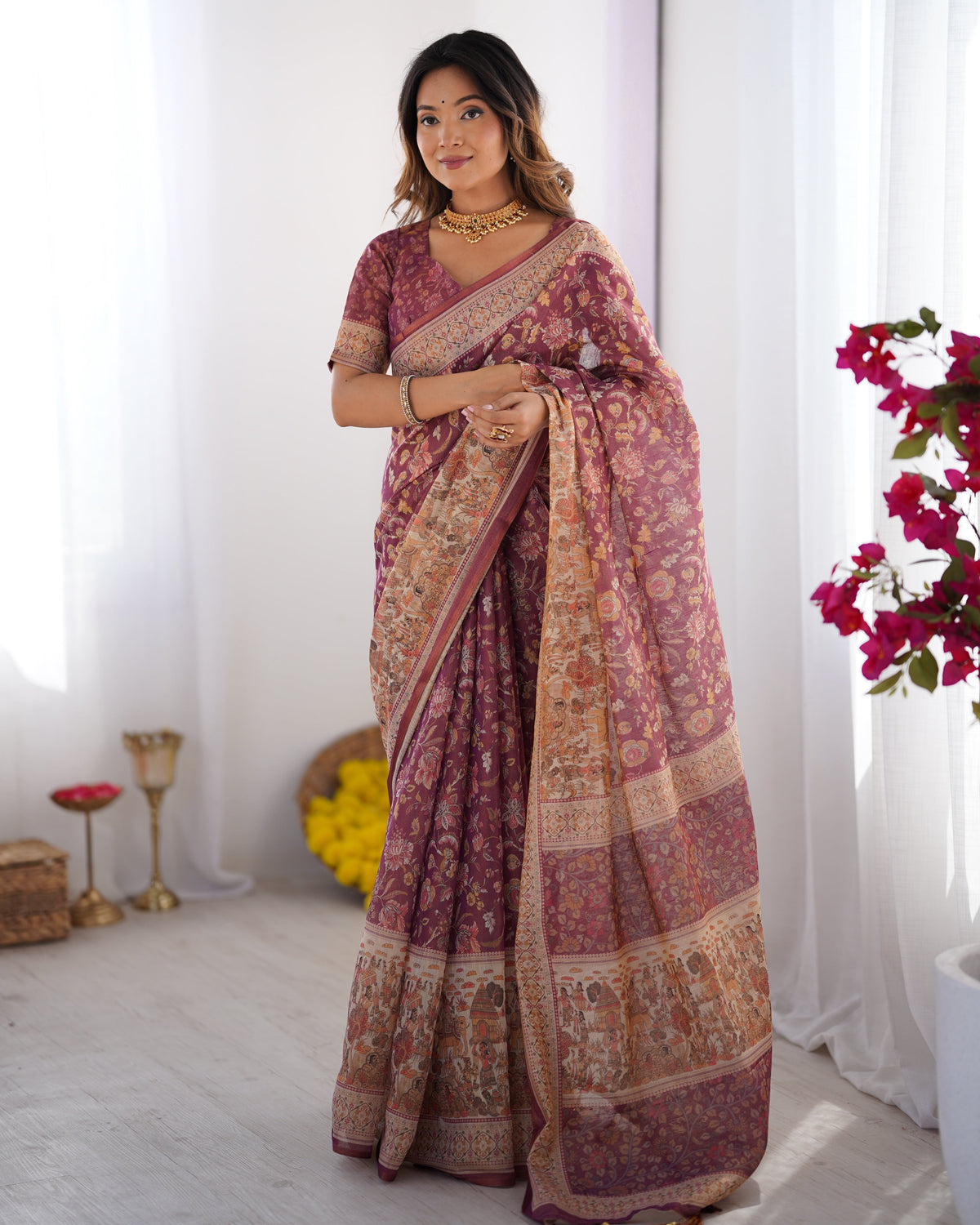 Plum Handloom Cotton Saree with Floral Print, Mythical Border & Tassels
