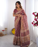 Plum Handloom Cotton Saree with Floral Print, Mythical Border & Tassels