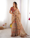 Beige Handloom Cotton Saree with Rust Blouse and Village Celebration Print