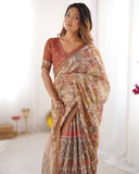 Beige Handloom Cotton Saree with Rust Blouse and Village Celebration Print