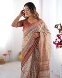 Ivory Handloom Cotton Saree with Maroon Borders, Floral Print & Royal Procession Pallu