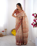Ivory Handloom Cotton Saree with Maroon Borders, Floral Print & Royal Procession Pallu