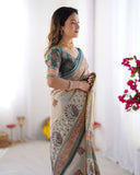 Ivory & Teal Handloom Cotton Saree with Buti Print, Mandala Motifs & Peacock Pallu