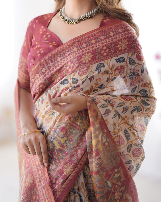 Handloom Beige Cotton Saree with Maroon Blouse, Pomegranate Floral Print & Village Tale Pallu