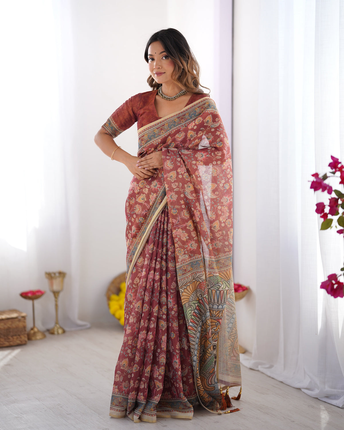 Rust Maroon Handloom Cotton Saree with Floral Jaal & Multicolor Mandala Pallu Art