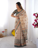 Ivory & Teal Handloom Cotton Saree with Buti Print, Mandala Motifs & Peacock Pallu