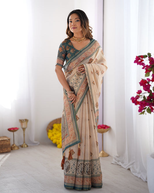 Ivory & Teal Handloom Cotton Saree with Buti Print, Mandala Motifs & Peacock Pallu