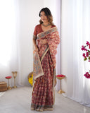 Rust Maroon Handloom Cotton Saree with Floral Jaal & Multicolor Mandala Pallu Art