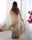 Ivory & Teal Handloom Cotton Saree with Buti Print, Mandala Motifs & Peacock Pallu