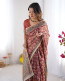 Rust Maroon Handloom Cotton Saree with Floral Jaal & Multicolor Mandala Pallu Art