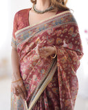 Rust Maroon Handloom Cotton Saree with Floral Jaal & Multicolor Mandala Pallu Art