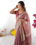 Maroon Handloom Cotton Saree with All-Over Floral Print & Multicolor Royal Procession Pallu