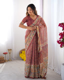 Maroon Handloom Cotton Saree with All-Over Floral Print & Multicolor Royal Procession Pallu