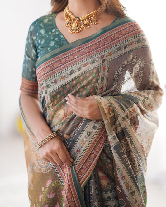 Teal Green & Brown Pure Linen Cotton Handloom Saree with Royal Cow & Tree Motif Pallu