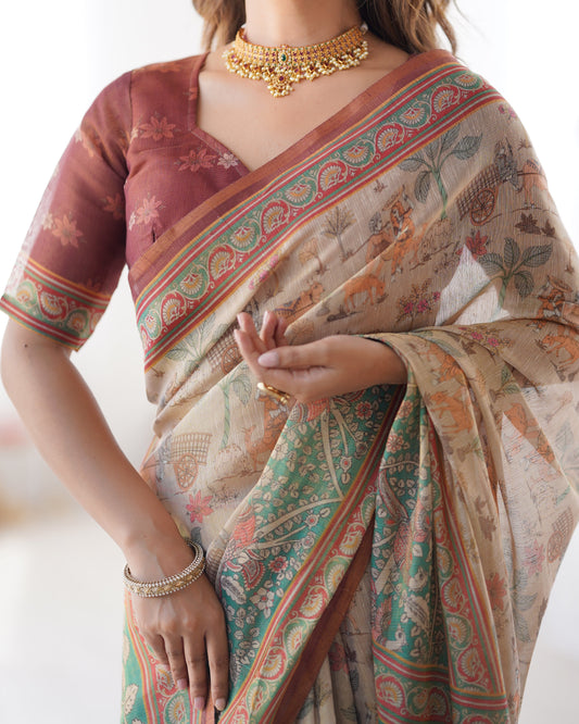 Beige & Green Handloom Cotton Saree with Village Life Print and Majestic Peacock Pallu