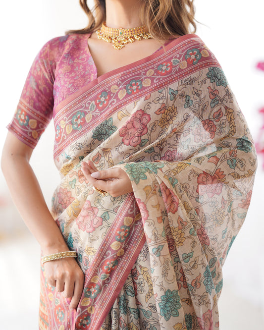 Cream & Pink Handloom Cotton Saree with Pastel Floral Print and Ornamental Tree Pallu