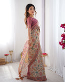 Cream & Pink Handloom Cotton Saree with Pastel Floral Print and Ornamental Tree Pallu
