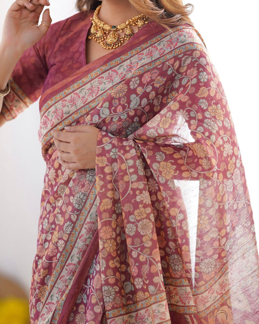 Maroon Pure Linen Cotton Handloom Saree with Elephant & Floral Folk Art