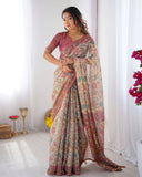 Cream & Pink Handloom Cotton Saree with Pastel Floral Print and Ornamental Tree Pallu