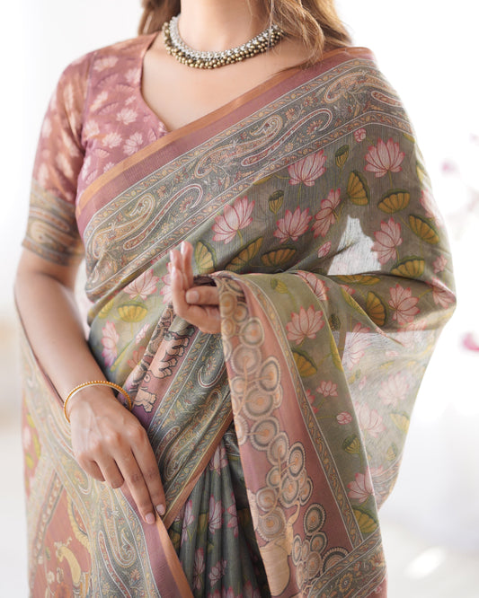 Olive Green Pure Linen Cotton Handloom Saree with Pink Lotus Motifs & Maroon Blouse