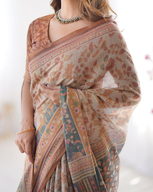 Beige & Rust Pure Linen Cotton Saree with Folk Animal Motif & Floral Print