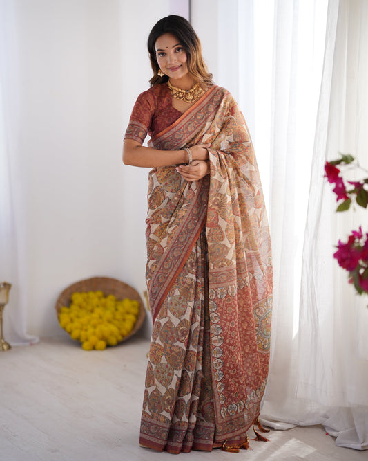 Rust Beige Pure Linen Cotton Saree with Paisley Motifs and Mandala Artwork