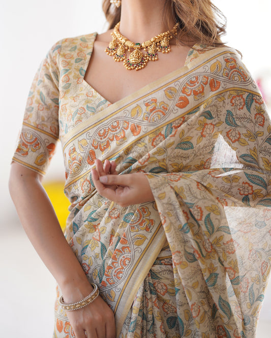 Handloom Linen Cotton Printed Saree with Mythical Animal Art Pallu – Soft Cream with Terracotta & Teal Accents