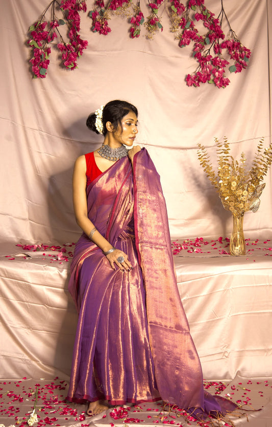 Lilac with red border Raga Tissue Saree