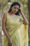 Lemon Yellow Hand-Painted Pure Georgette Saree with White Floral Motifs & Sequin Detailing | Modal Satin Blouse