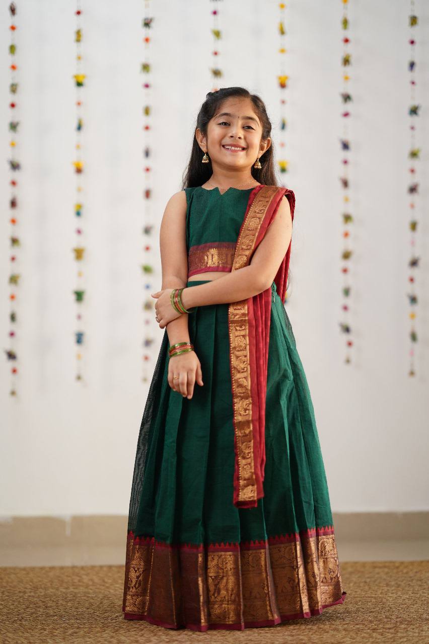 KIDS HALF SAREE LEHENGA - DARK GREEN  & BROWN