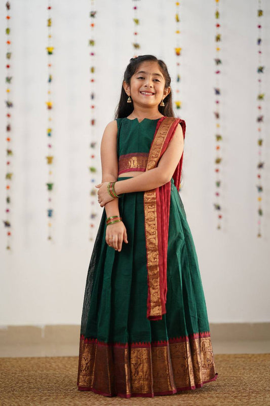 KIDS HALF SAREE LEHENGA - DARK GREEN  & BROWN
