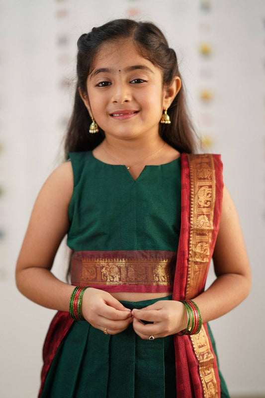 KIDS HALF SAREE LEHENGA - DARK GREEN  & BROWN