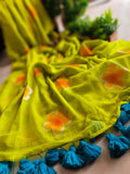 Elegant Linen Saree with Sunflower Print and Tassel Border – Lightweight Summer Wear
