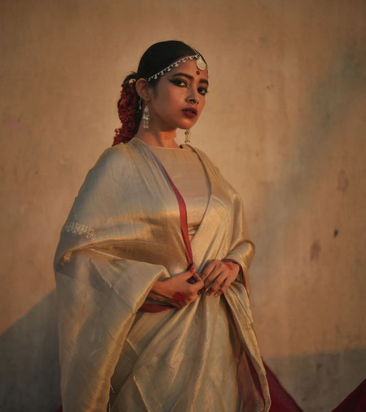 Rose Gold With Red Border Raga Tissue Saree